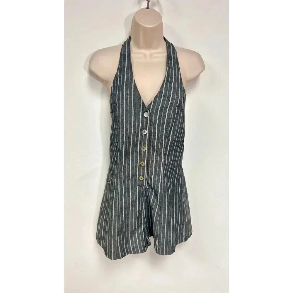 Love Tree Women’s Medium Grey Striped Button Down Romper Sleeveless One Piece
